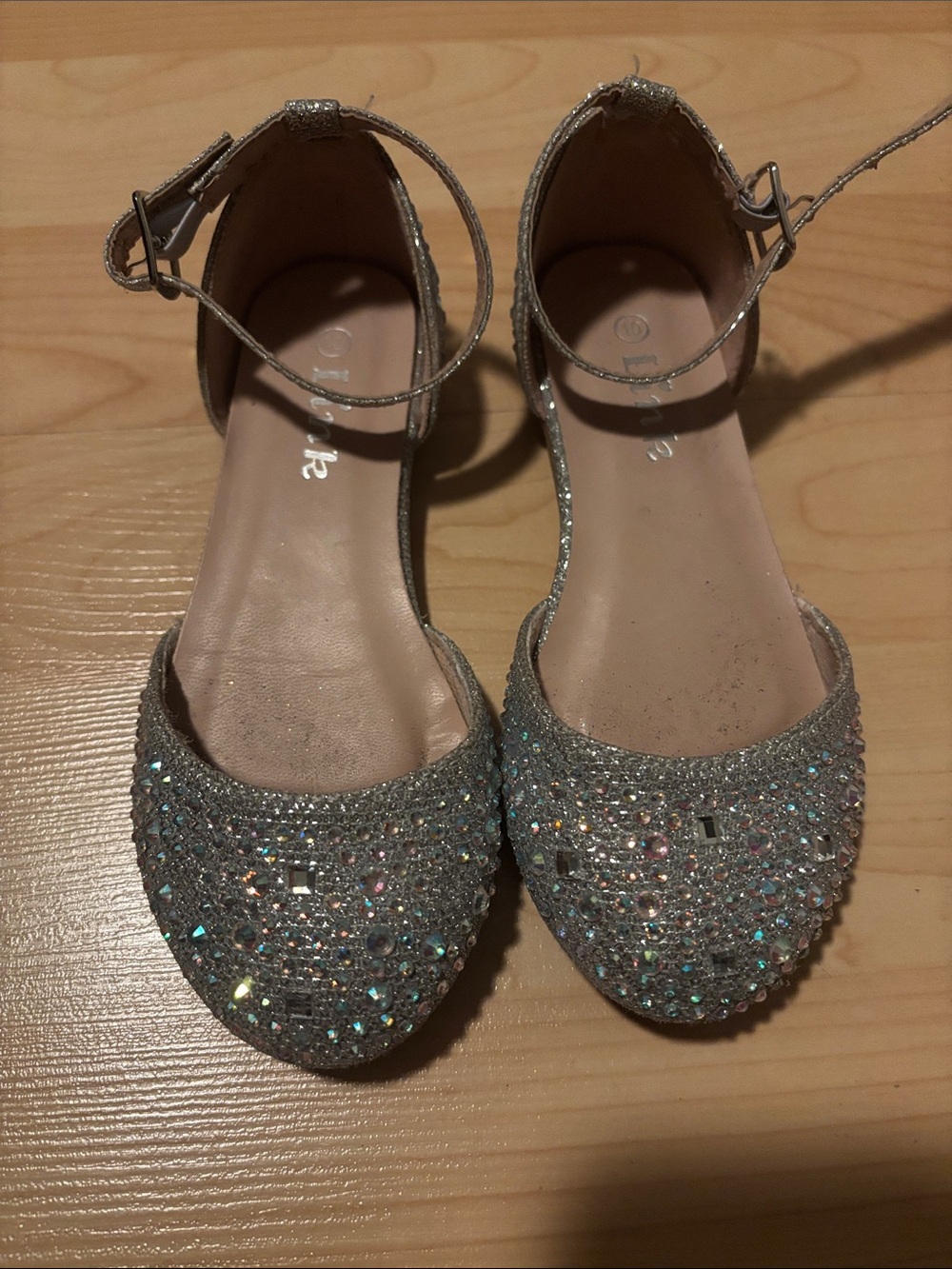 Princess Silver Glitter Crystal D'Orsay Flats with Ankle Strap